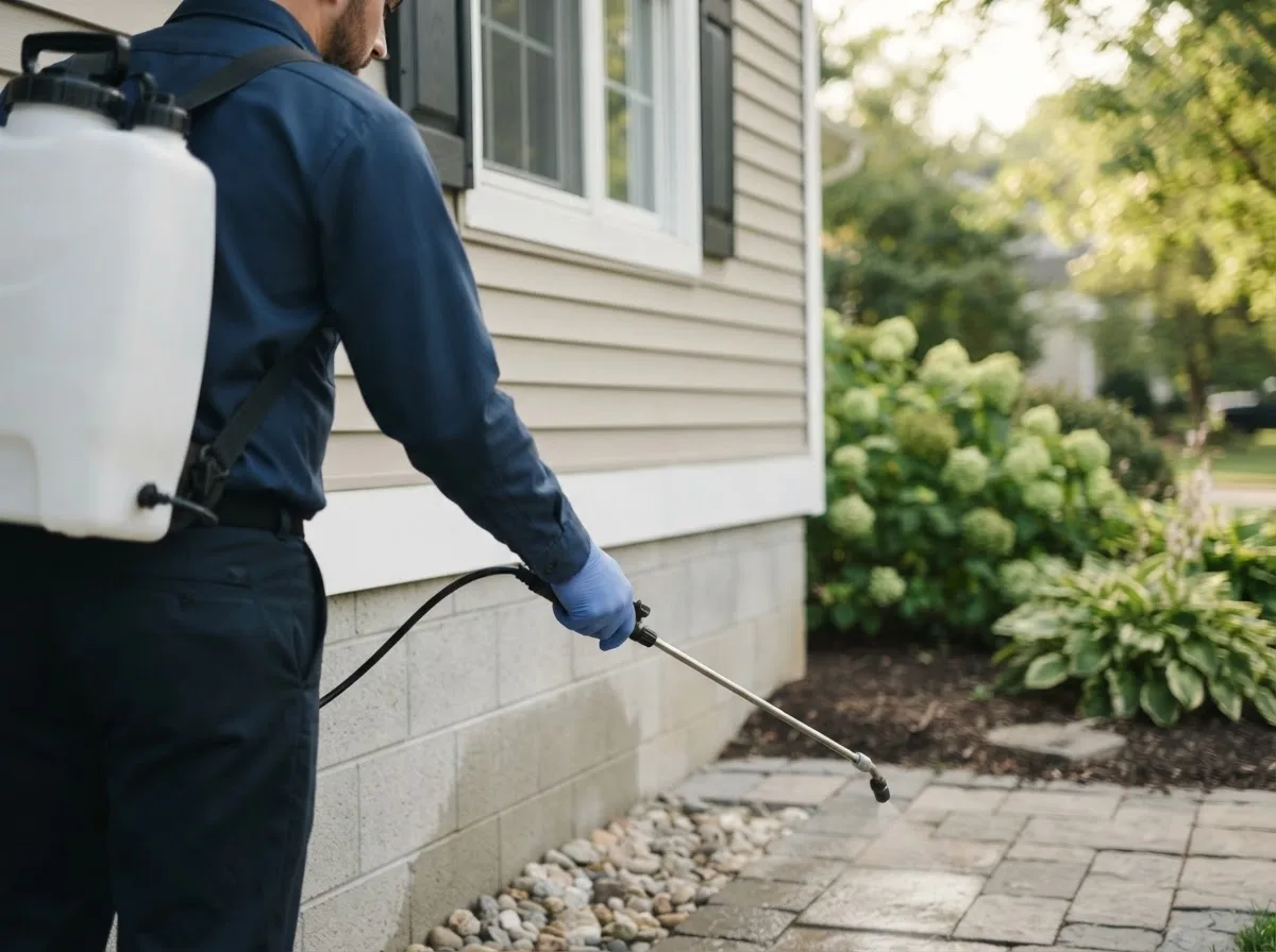 Pest control technician inspecting a home in Effort, PA